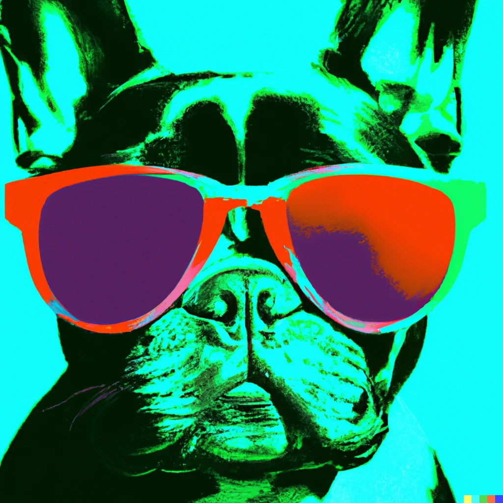 An Andy Warhol style painting of a french bulldog wearing sunglasses